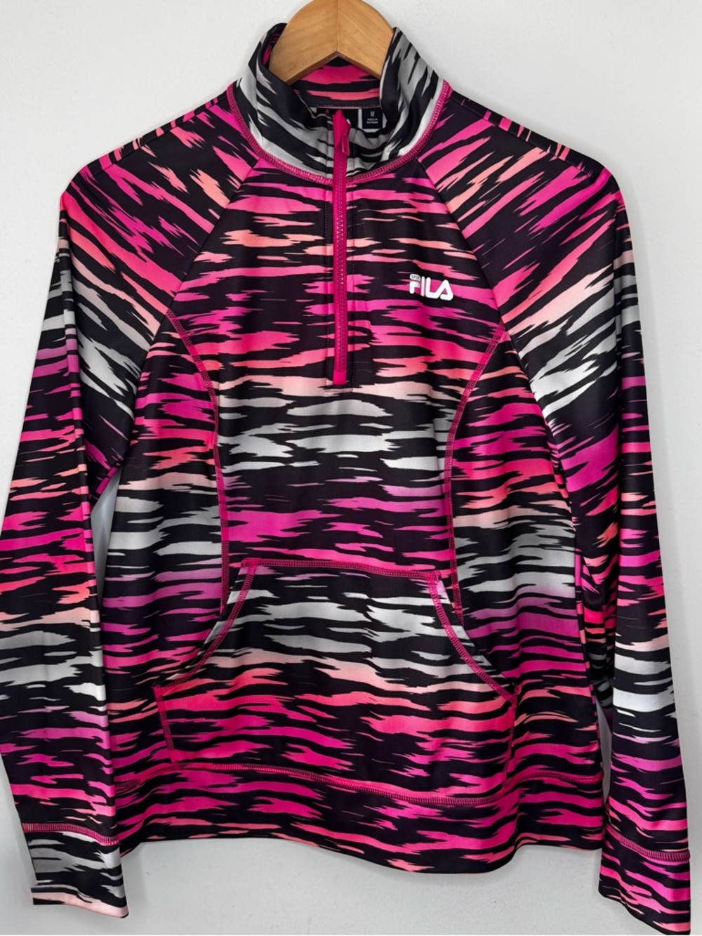 FILA SPORT Quarter Zip Zebra Printed Pullover Womens Medium Pink & Black 80’s EU